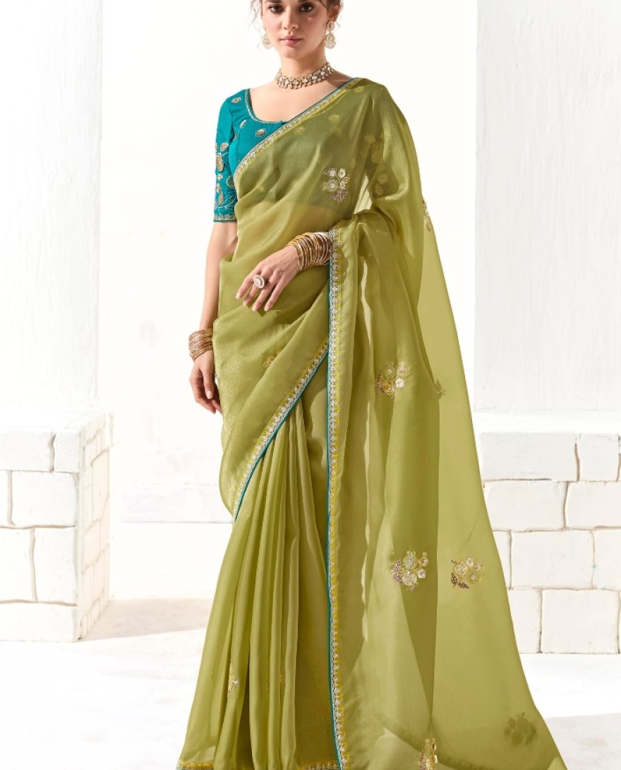 2221 - CHARMING LIGHT GREEN THREAD WORK TISSUE SILK MEHENDI WEAR SAREE